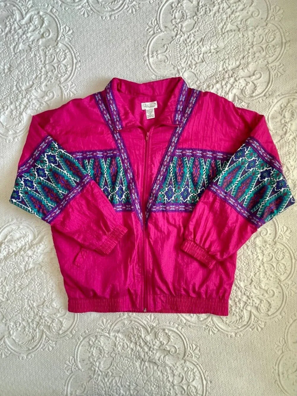 Vintage 1993 Bocco Colorful Aztec Ribbon 100% Nylon Lined Windbreaker Jacket LRG